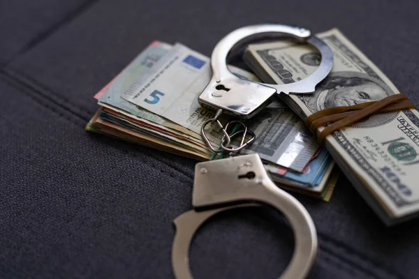 Police Handcuffs Lie Lot Dollar Bills Concept Illegal Possession Money — Stock Photo, Image