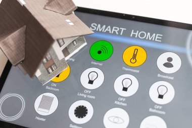 Küçük ev modeli ekran tabletinde ve ev elektronik cihazları ile kablosuz bağlantıda. Akıllı ev kontrollü ve Otomasyon sistemi teknolojisi