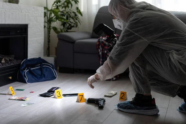 Détective Collecte Preuves Sur Une Scène Crime Forensic Specialists Making — Photo