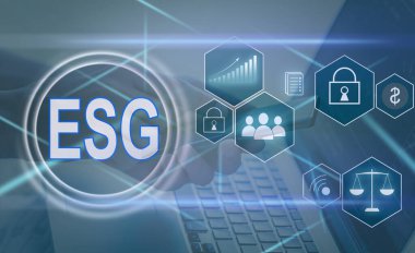 ESG Çevre Yönetimi Yatırım Yatırım Konsepti. ESG verilerini analiz et. İş sürdürülebilirliği yatırım stratejisi kavramında sanal ekranda simgeler belirir.