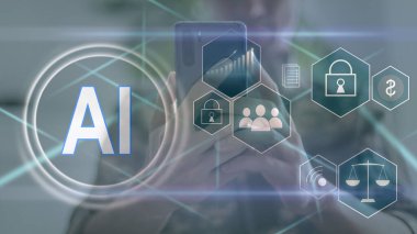 Ai teknolojisi. Lab üstü dokunuşlar ve sanal ekran beyaz simgeleri kullanan bir işadamı