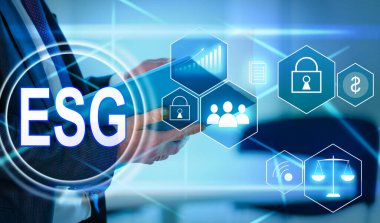 ESG simge kavramı, çevre, toplum ve sürdürülebilir sektörde iyi yönetim kavramında sanal ekran görüntüsü ve ağ üzerinde etik.