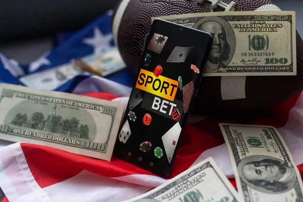 Rugby Ball Und Dollar Mit Flagge Und Smartphone Wette — Stockfoto