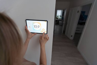 Denetim ev bağlantısı arabirimi için akıllı telefon kullanan kadın.