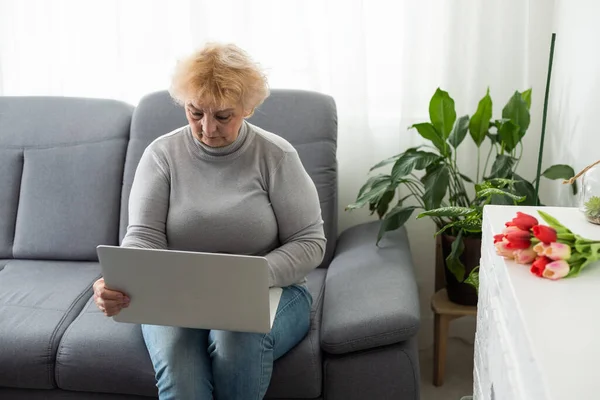 Donna Anziana Sta Lavorando Sul Suo Computer Portatile Seduto Divano — Foto Stock