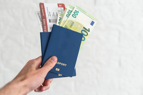 Hands Holding Passport Several Banknotes — Stock Photo, Image