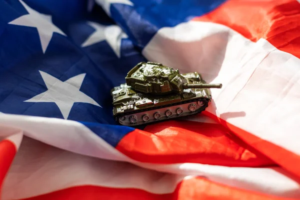 stock image Toy model tank on USA national flag. High quality photo