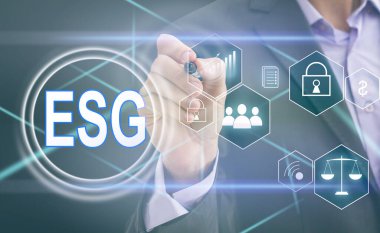 ESG simge kavramı, çevre, toplum ve sürdürülebilir sektörde iyi yönetim kavramında sanal ekran görüntüsü ve ağ üzerinde etik.