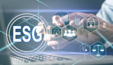 ESG simge kavramı, çevre, toplum ve sürdürülebilir sektörde iyi yönetim kavramında sanal ekran görüntüsü ve ağ üzerinde etik.