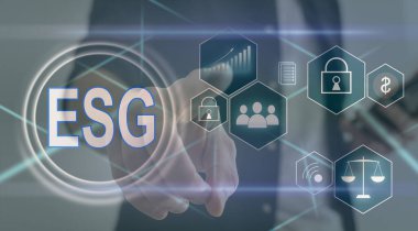 ESG simge kavramı, çevre, toplum ve sürdürülebilir sektörde iyi yönetim kavramında sanal ekran görüntüsü ve ağ üzerinde etik.