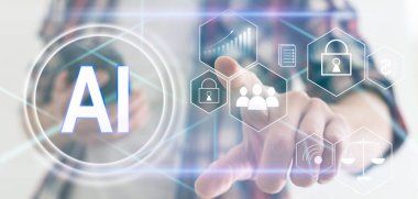 Ai teknolojisi. Lab üstü dokunuşlar ve sanal ekran beyaz simgeleri kullanan bir işadamı