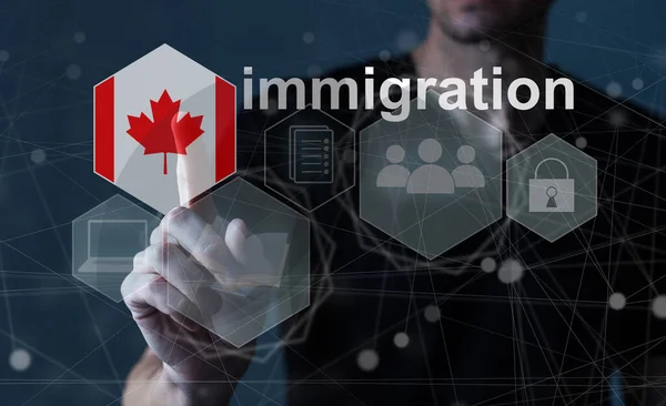 以虚拟按钮按下进入加拿大的移民概念 — 图库照片