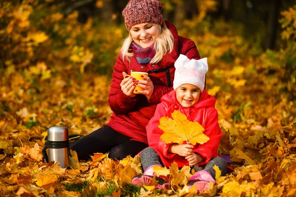 Мама Дочь Проводят Выходные Пикник Осенному Лесу Вместе Мати Діти — стокове фото