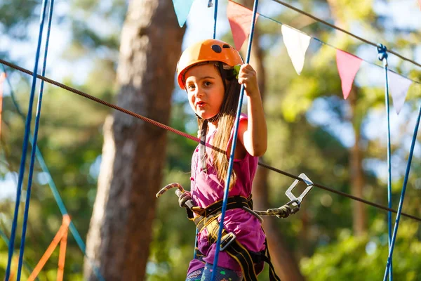 Smiling Little Girl Playground Climbing Rope Net — Stock Photo, Image