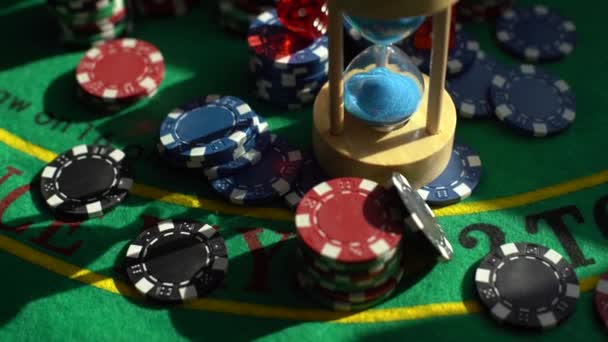 Gambling Theme Colorful Playing Chips Stacks Green Table Close High — Stock Video