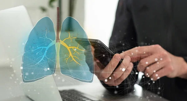 Творче Зображення Медичного Працівника Сяючим Інтерфейсом Легенів Вірусу Розмитому Тлі — стокове фото