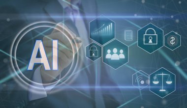 Ai teknolojisi. Lab üstü dokunuşlar ve sanal ekran beyaz simgeleri kullanan bir işadamı