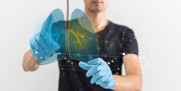 Творче Зображення Медичного Працівника Сяючим Інтерфейсом Легенів Вірусу Розмитому Тлі — стокове фото