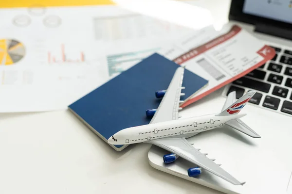 stock image Planning vacation, travel, air travel. On a white background tickets, money, camera, toy plane. Lots of objects. There is free space to insert. There are no people in the photo. High quality photo