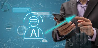 Hologram dijital sohbet robotu tutan iş adamı, sohbet GPT, robot uygulaması, sohbet asistanı, yapay zeka konsepti, sanal ekranda dijital sohbet robotu. Yüksek kalite fotoğraf