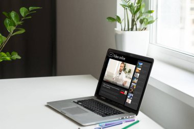 Video konferansı. Video görüşmesi için laptop kullanan çok ırklı bir iş ekibi. Evden çalışan bir grup zeki insan..