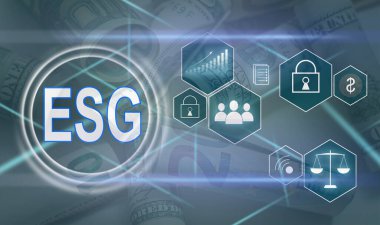 ESG Çevre Yönetimi Yatırım Yatırım Konsepti. ESG verilerini analiz et. İş sürdürülebilirliği yatırım stratejisi kavramında sanal ekranda simgeler belirir.