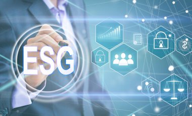 Sanal ekran. ESG çevresel sosyal yönetim kavramı. İş stratejisi.