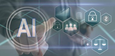 Ai teknolojisi. Lab üstü dokunuşlar ve sanal ekran beyaz simgeleri kullanan bir işadamı