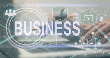 İş konsepti. Sanal ekranda iş adamı düğmesine basıyor