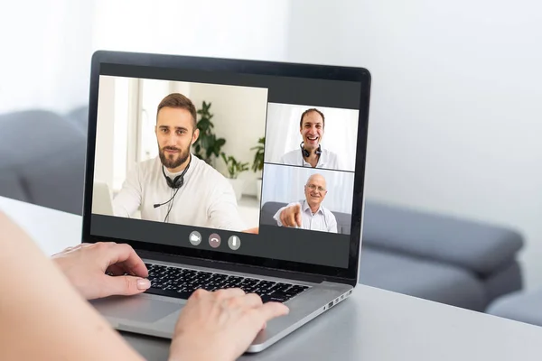 Video Conference Multiethnic Business Team Using Laptop Online Meeting Video — Stock Photo, Image