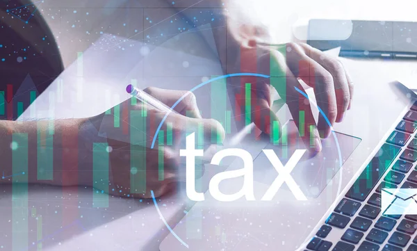 Business Hand Clicks Virtual Screen Tax Return Online Tax Payment — Fotografia de Stock