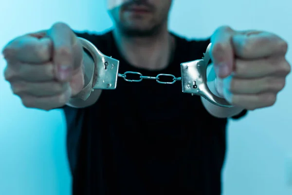 Male Hands Handcuffs Black Background High Quality Photo — Stock Photo, Image