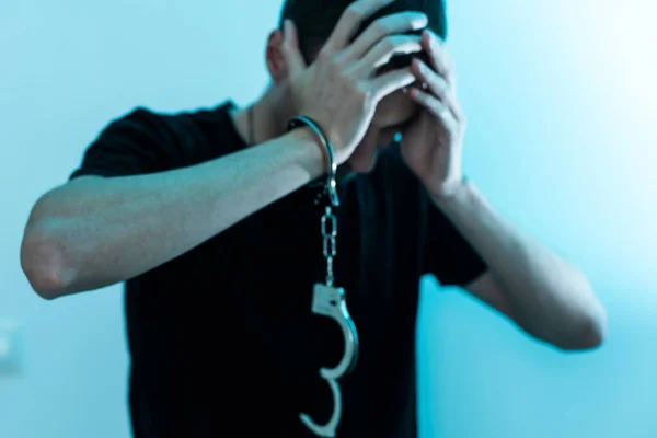 Male Hands Handcuffs Black Background High Quality Photo — Stock Photo, Image