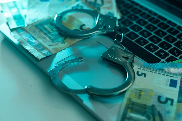 Metal Handcuffs Background Cash Currency European Eur Concept Bribery Criminal — Stock Photo, Image