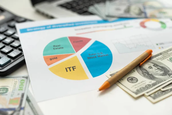 Investment planning and reporting concept. Closed up of investment planning report containing colorful graph of asset allocation planning. High quality photo