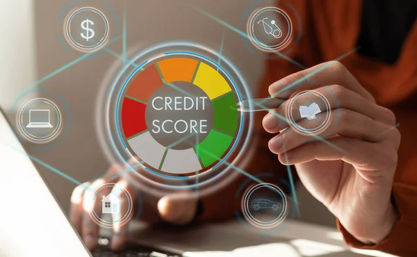 Kreditberichterstattung Score Taste Auf Virtuellem Bildschirm Business Finance Konzept Hochwertiges — Stockfoto