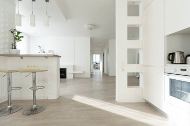 Modern, parlak yemek odası Skandinav iç tasarımı 3D Illustration. Yüksek kalite fotoğraf