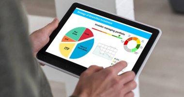 Strategy of diversified investment. Investor managing portfolio. Pie chart and candlestick charts. . High quality photo clipart