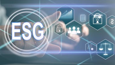 ESG simge kavramı, çevre, toplum ve sürdürülebilir sektörde iyi yönetim kavramında sanal ekran görüntüsü ve ağ üzerinde etik.
