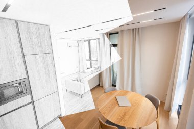 Modern mobilyalarla mutfak dekorasyonu. Fotoğraf ve çizimin kombinasyonu