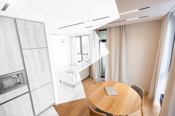 Interior Cozinha Elegante Com Mobiliário Moderno Combinação Foto Esboço — Fotografia de Stock