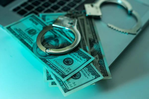 Police Handcuffs Lie Dollar Bills Crime Justice Money Crime Corruption — Stock Photo, Image