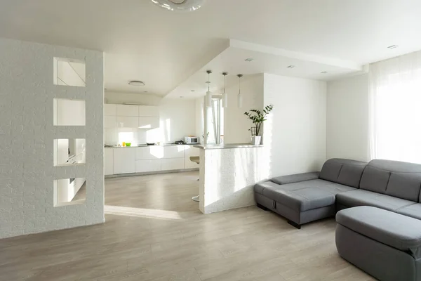 Interior Cozinha Branca Com Zona Descanso Sofá Conjunto Cozinha Perto — Fotografia de Stock