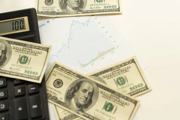 Accounting Charts Graphs Dollar Bills Pen Calculator Stock Market Graphs — Stock Photo, Image