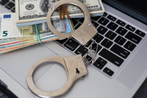 Police Handcuffs Lie Lot Dollar Bills Concept Illegal Possession Money — Stock Photo, Image