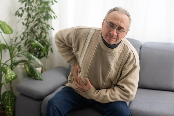 Elderly Men Have Abdominal Pain Sitting Sofa House Concept Problems — Stok fotoğraf
