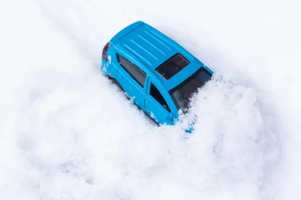 Close View Blue Toy Car Snow —  Fotos de Stock