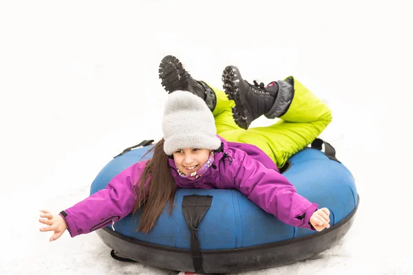 Active Girl Sliding Hill Snow Tube Cute Little Happy Child — Foto de Stock