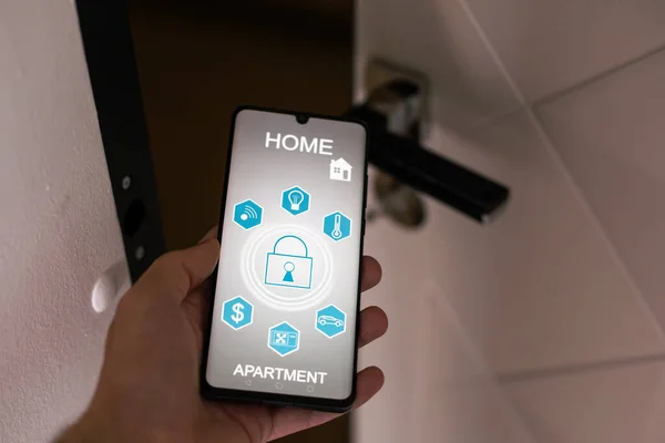 Smart House Home Automation Device App Icons Man Uses His — Stock Photo, Image
