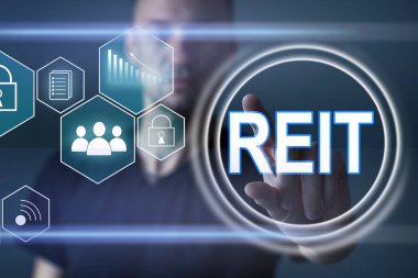 sanal dokunmatik ekran kısaltması: REIT. Ortak Fon ve yatırım, mülk, yönetici, aracı, yatırımcı ve geri dönüş